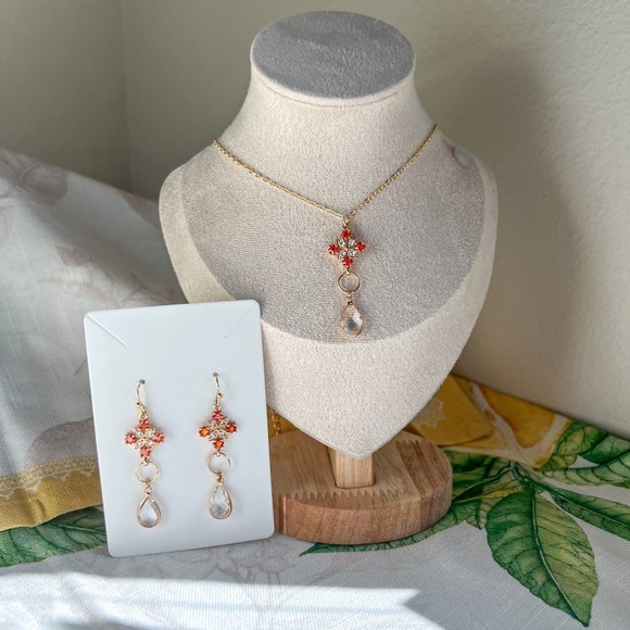 Hand Crafted Jewelry - Orange Quartz Crystal Jewelry Set, Diamond Cross Shape, Mini Hoops, Casual